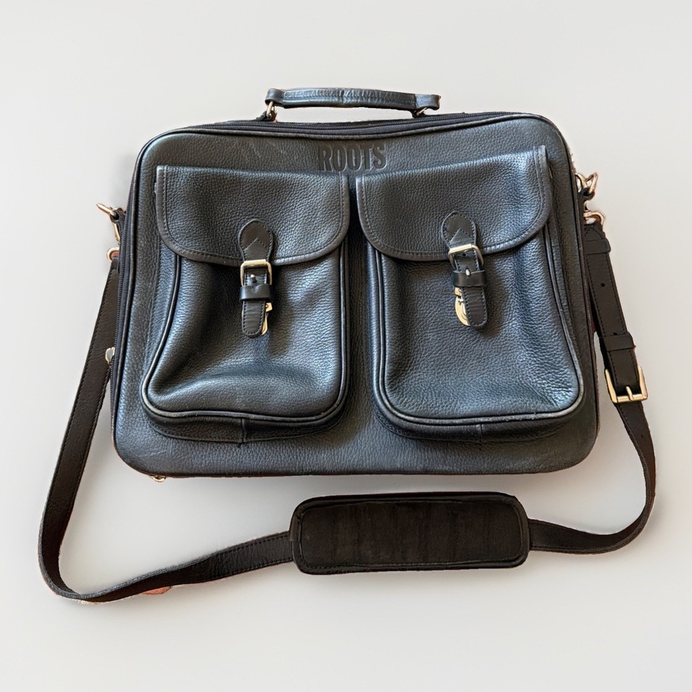 ROOTS Vintage Black Leather Canada Messenger Briefcase Sling Silver Buckles